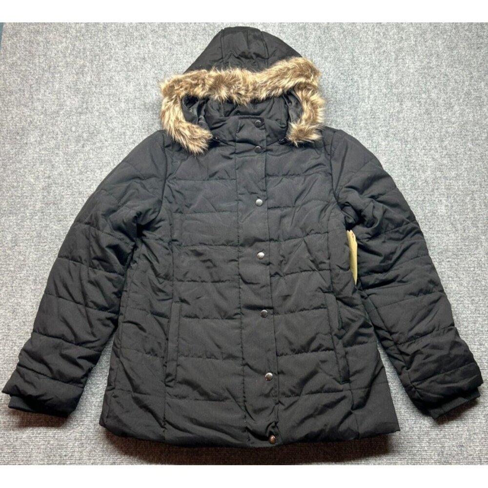 St Johns Bay Puffer Jacket Womens XL Black Polyester Full Button Zip Solid New